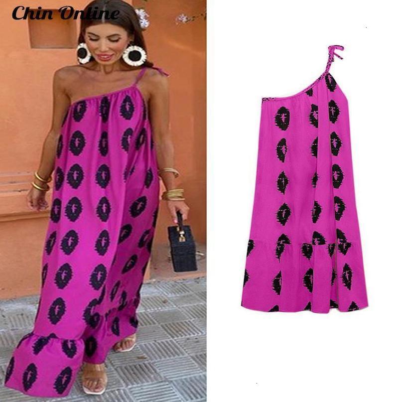 Basic Casual Dresses Fashion Printed Women Beach Dress One Shoulder Sexy Skewcollar Female Maxi Summer Asymmetrical Sleeveless Long Vestido 230812