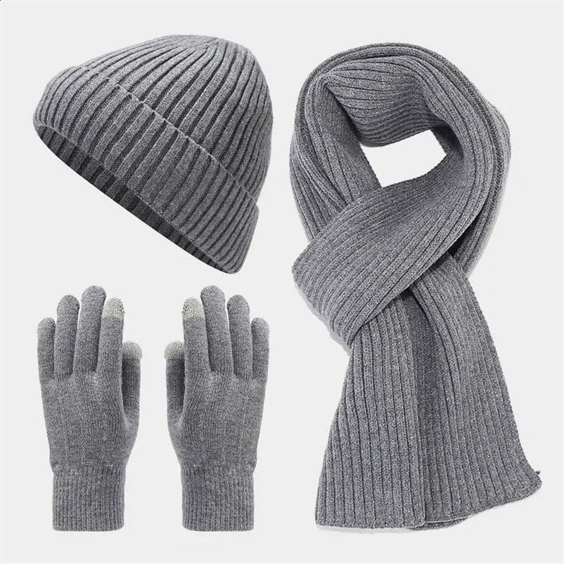 Neutral black hat scarf gloves 3-piece set for mens outdoor warm scarf hat winter womens plush beanie touch screen glove set241015bj