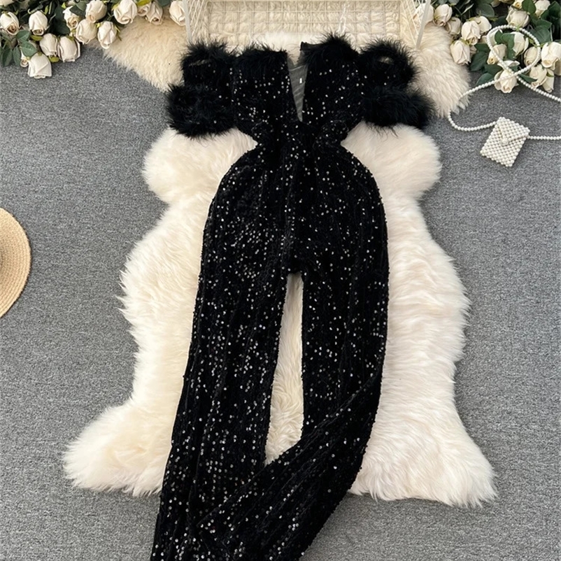SINGREINY Autumn Elegant Sexy Black Jumpsuits Europen Fashion Off the Shoulder Feather Patchwork Sequins Slim Long Playsuit 240529