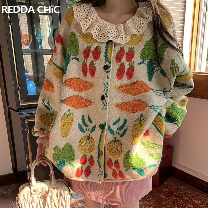 REDDACHiC Women Handmade Jacquard-knit Cardigan Cartoon Cute Long Sleeves Sweater Jacket Oversize Coat Casual Farm Retro Outwear 240830