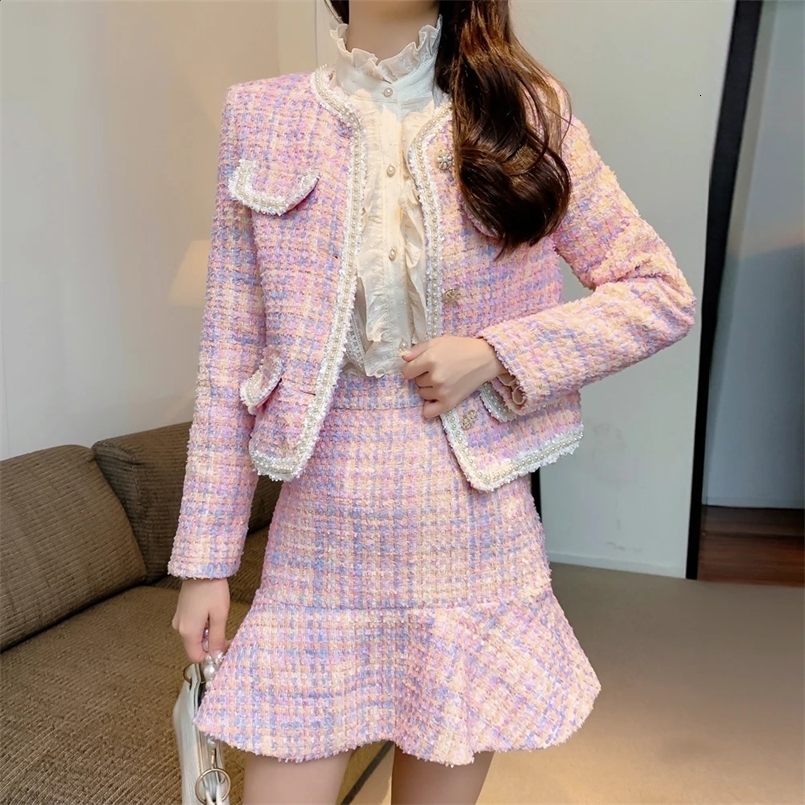 Spring Autumn Small Fragrance Tweed Two Piece Set Women Short Jacket Coat Crop Top Skirt Suits Korean 2 Piece Sets Women Outfit 240828
