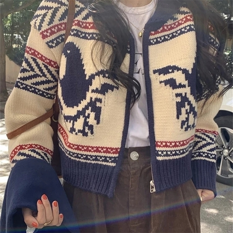 Women's Sweaters Women Knitted Cardigan Vintage Print Sweater Female Autumn Winter Chic Cropped Jumper Ladies Korean Fashion Zipper Cardigans 2