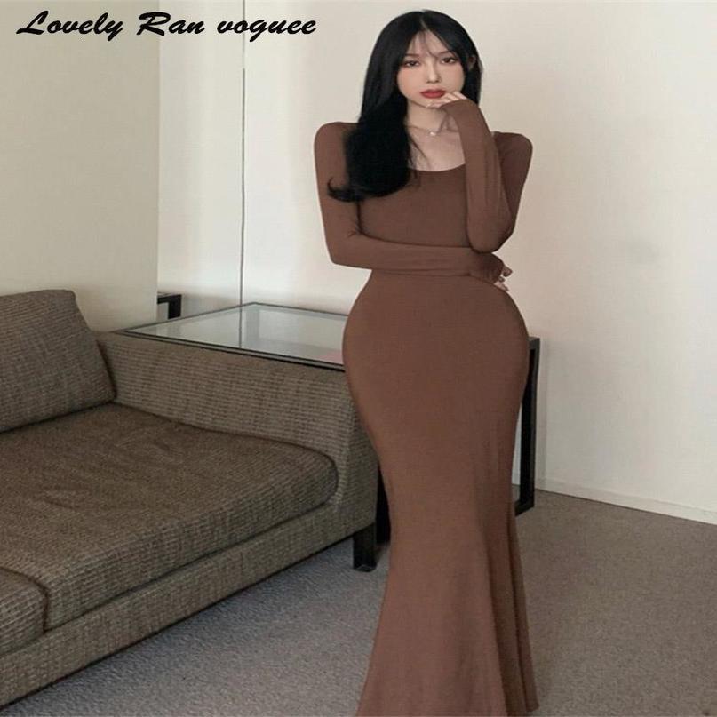 Basic Casual Dresses Sexy Slim Women Maxi Dress Long Sleeve Oneck Hip Package Female Trumpet Autumn Allmatch Solid Base Lady Robe 230812