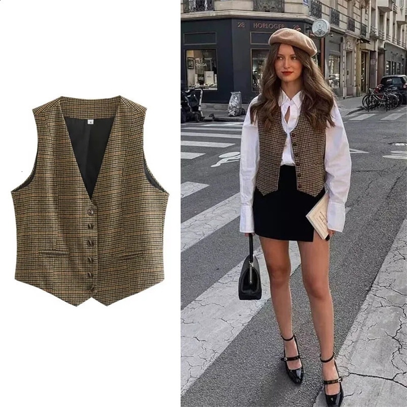 UETEEY Retro Brown Checkered Womens Tank Top Sleeveless V-neck Button Jacket Fahison Autumn Casual Womens Belt 240926