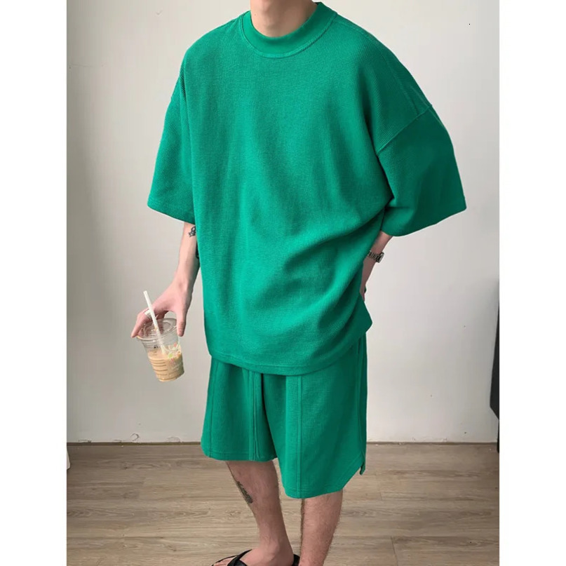Summer Set Men Fashion Black Green Sports Streetwear Korean Loose Short Sleeved Tshirts Shorts Mens Sets 240531