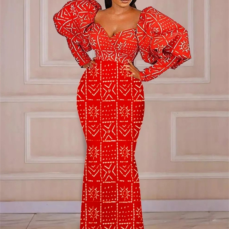 Party Dresses AOMEI Maxi Long Dress Women Party Printed Mermaid Long Lantern Sleeve Vintage Retro Large Size African Event Celebrate Gown 230211