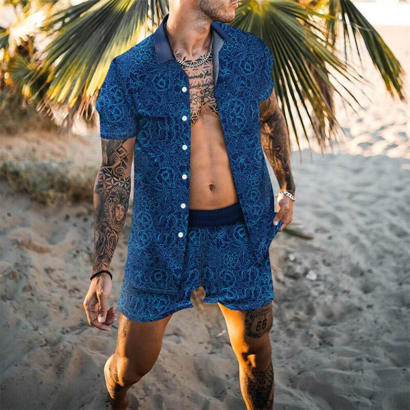 Mens Tracksuits Fashion Hawaiian Printed 2 Pieces Set Summer Button Short Sleeve Shirt Beach Shorts Casual Streetwear Holiday Suits 230418