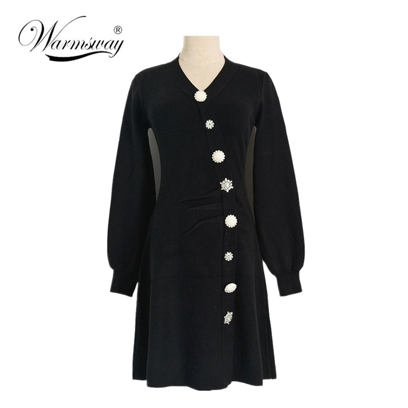 Pearl Buckle Beveled Pleated V-neck Lantern Sleeve Knit Dress Elegant Bottoming Personalized Slim Black C-128 210522