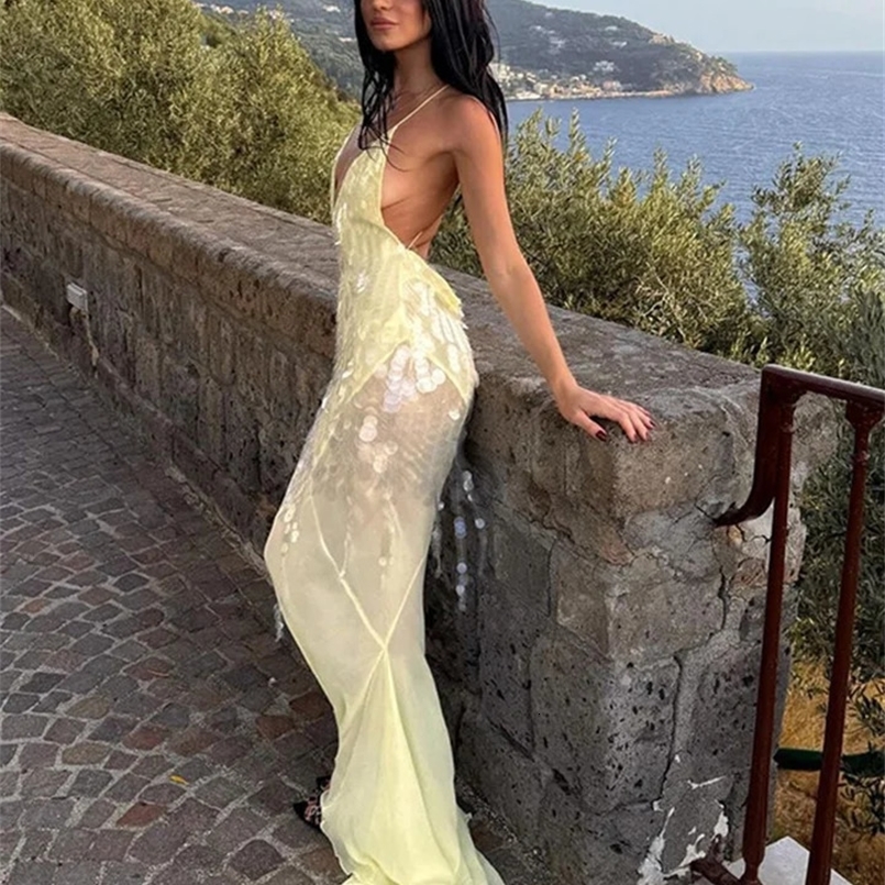 Sexy Sequins Patchwork Party Dresses Women Deep V-neck Sleeveless Backless Slim Halter Dress Summer Lady Evening Robe 240930