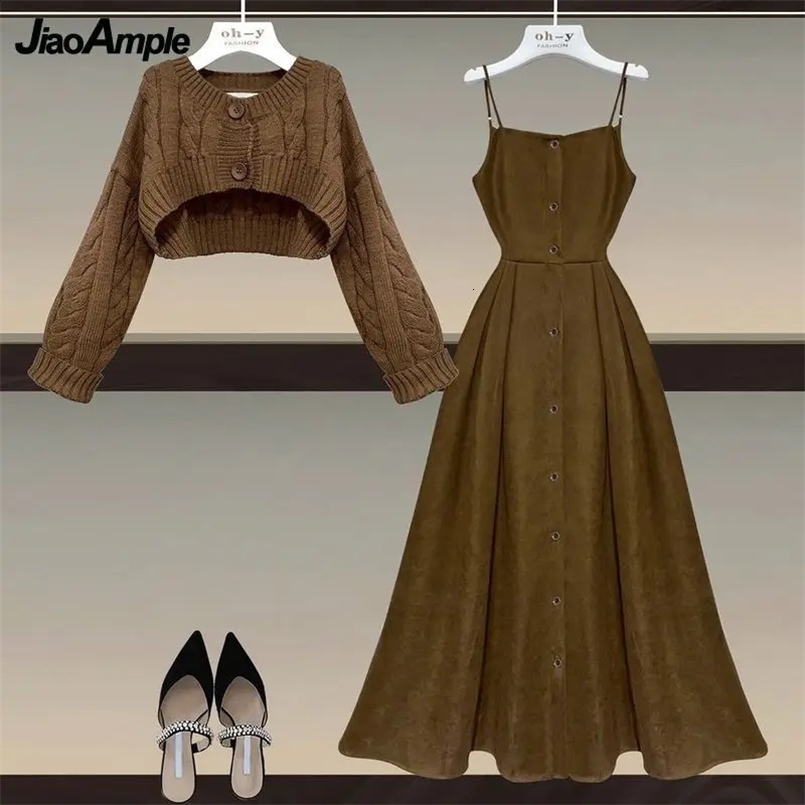 Autumn and Winter Dress Suit Womens Fashion Shorts Knitted Sweatersuspender Skirt Two-piece Korean Elegant Casual Set 240829