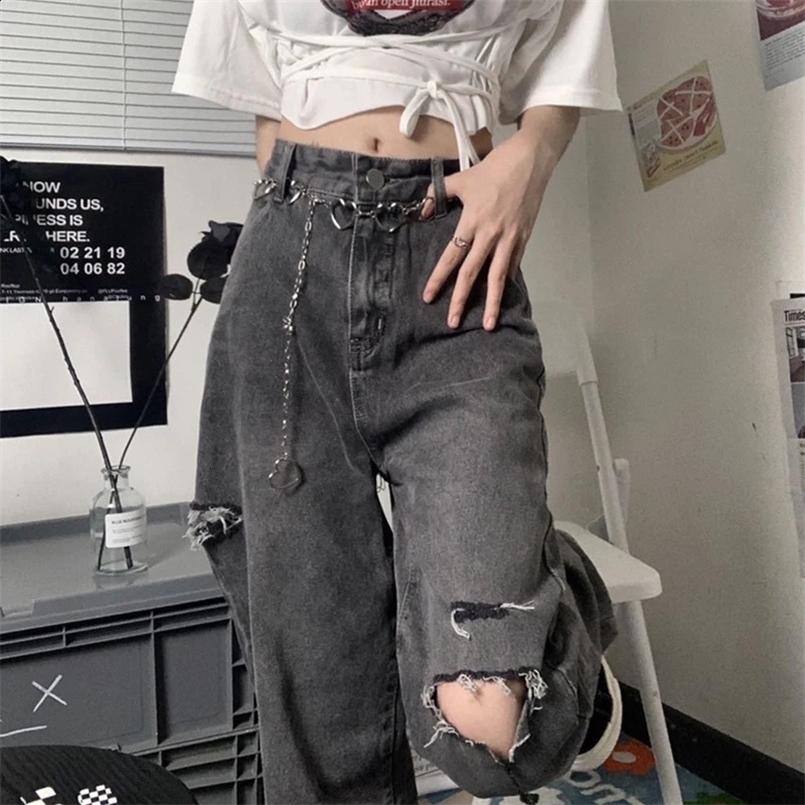 Autumn And Winter Women Bottoms Black Vintage Fashion High Waist Jeans Ripped Baggy Wide Leg Pants Street Straight Denim Trouser 240723