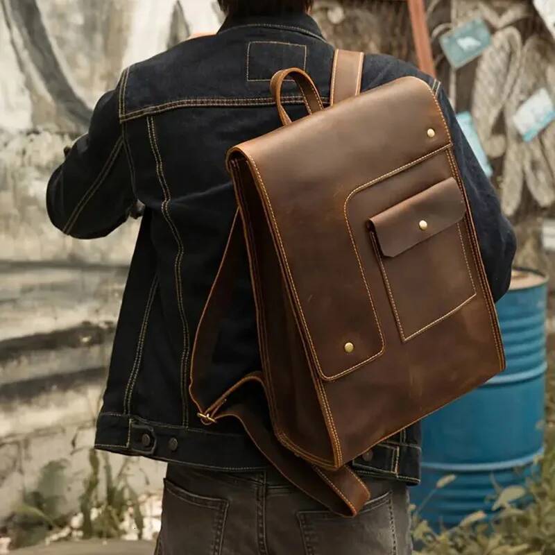 Vintage Crazy horse genuine fit 15" laptop business bag cow leather travel backpack men daypack school bags high-quality