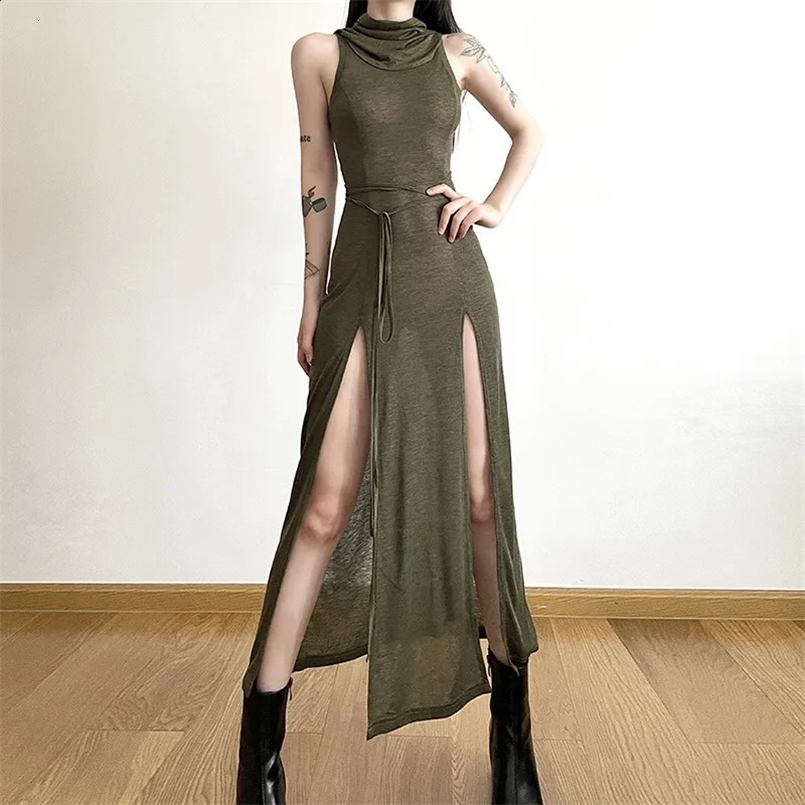 Goth Dark Cyber Gothic Desert Walker Hooded Dresses Y2k Punk Grunge Hollow Out Midi Dress Women Sexy Split Side Solid Streetwear 240927