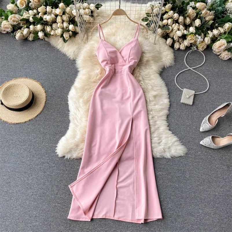 DEAT Women Sexy Split Open Back Waist Dress Solid Color V-neck Temperament Long Fashion Spring Summer 11B755 210709
