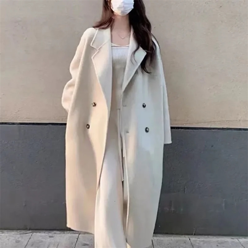 Women's Wool Blends Sandro Rivers Length Loose Woolen Coat Korean Women Thick Wool Blend Overcoat Fall Winter Solid Double Breasted Parkas 2310