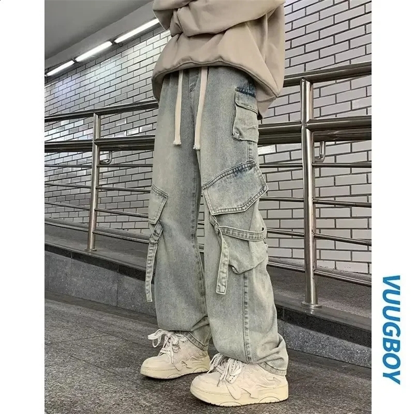 Spring Autumn Vintage Straight-leg Jeans Men Womens Trendy Loose Fit Casual Wide Leg American Style Cargo Pants 240829