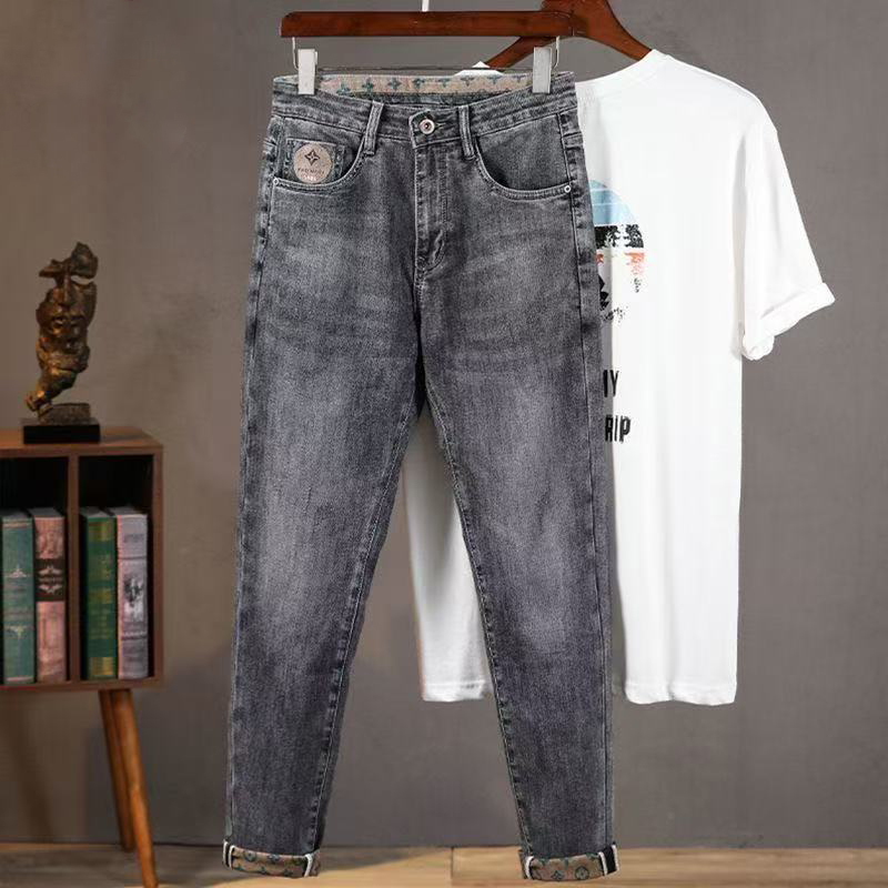 Autumn high-end men's jeans embroidery stretch slim straight casual pants men