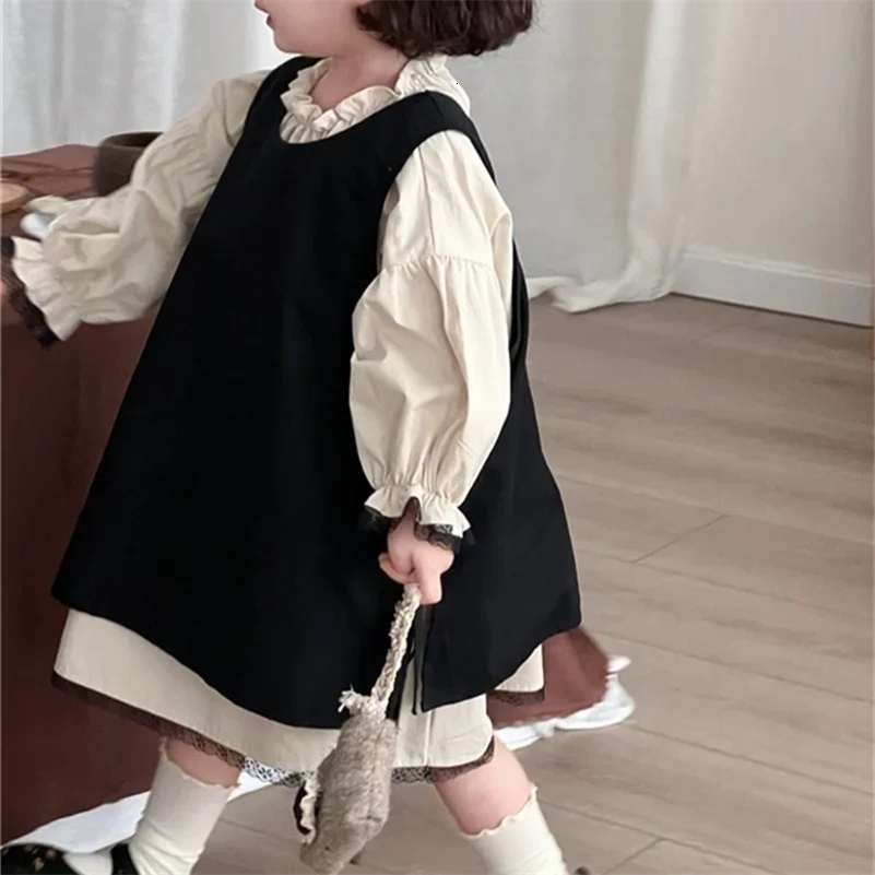Girls Casual Dresses Autumn Children Korean Retro Style Dress Girl Lace Skirt 2 Pieces Fashion Sweet Solid 250106