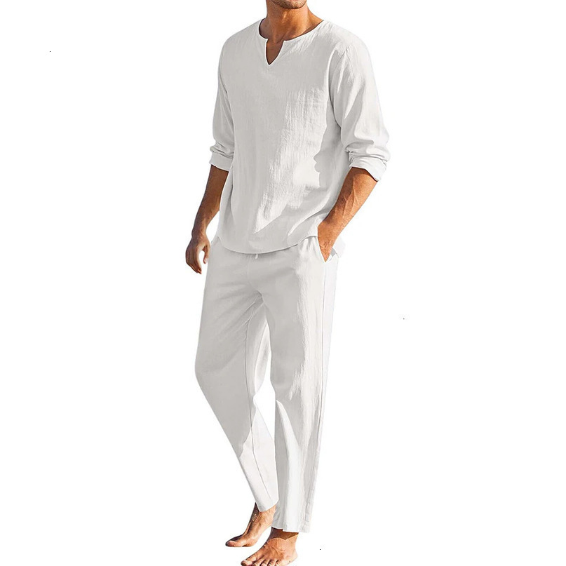 Summer 2Pcsset Mens Cotton Linen Blend Sets Long Sleeve Vneck T Shirts Pants Set Casual Men Beach Clothes 240409