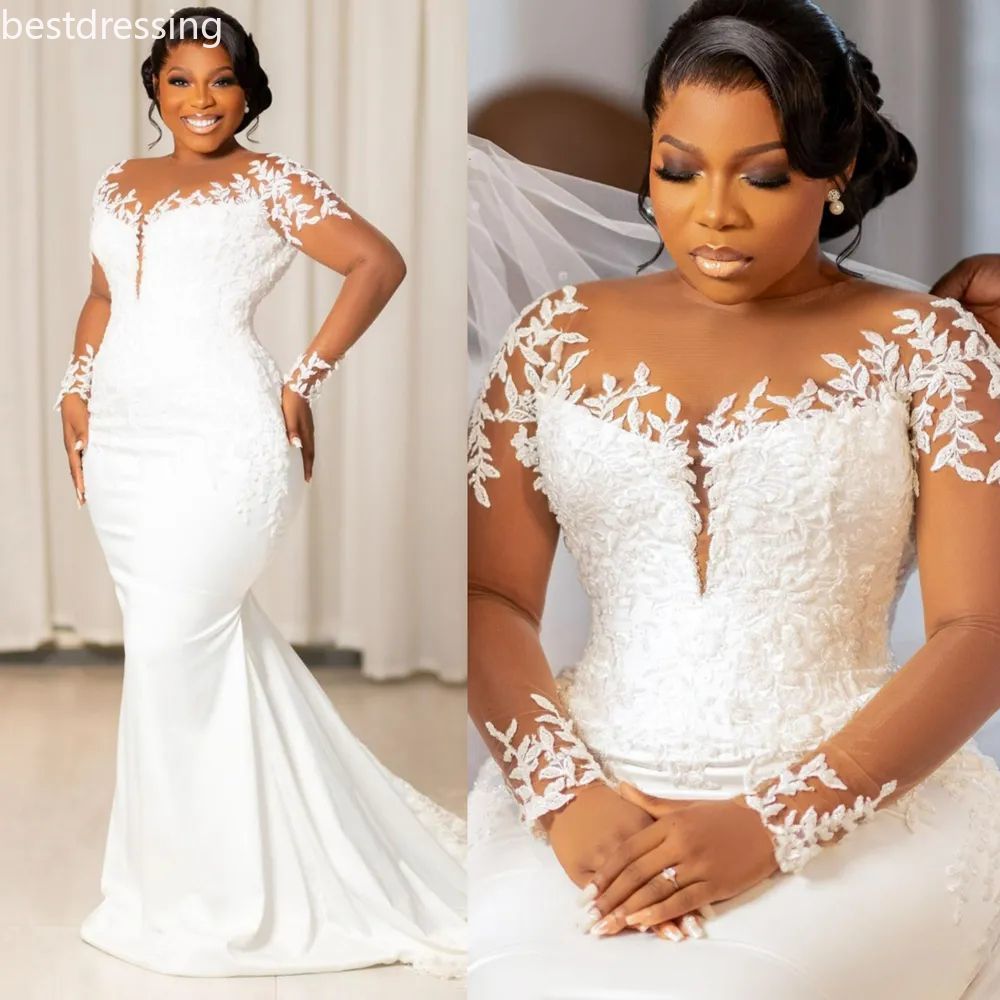 Elegant African White Satin Mermaid Wedding Dresses With Illusion Long Sleeves Lace Appliques Chapel Train Gorgeous Bridal Gown Plus Size Wedding Go