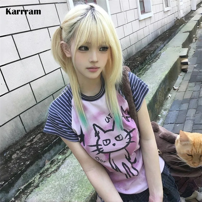 Karrram Japanese Y2k T Shirt Trashy 2000s Kitten Print T-shirts Grunge Aesthetics Short Sleeve Patchwork Tops Vintage Harajuku 240816