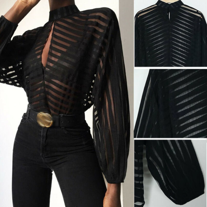 Women's Blouses Shirts Sexy Black Women Mesh Sheer Blouses Ladies Long Sleeve Striped Front Hollow Out Transparent Shirts Blusas Mujer Camisas