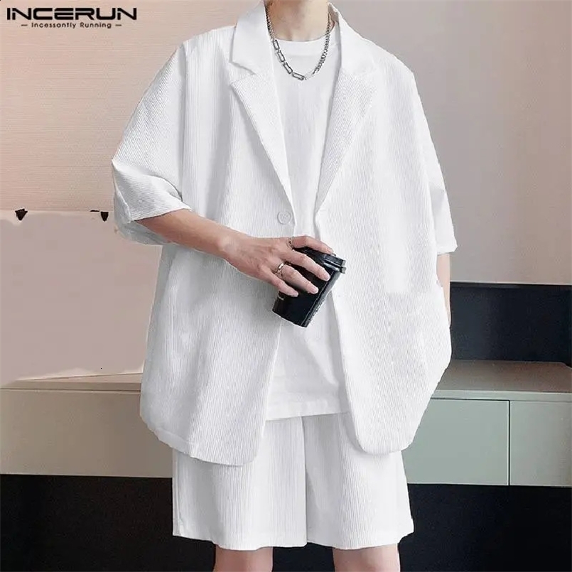 Men Sets Solid Color Loose Streetwear Lapel Short Sleeve Blazer Shorts 2PCS Korean Fashion Mens Casual Suits INCERUN 240729