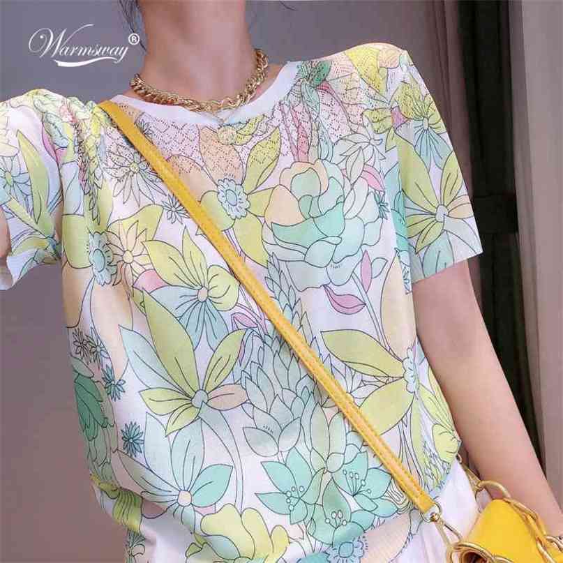 New Summer T Shirt Women Knitted Casual Printing Hollow Out Short Sleeves Top O-Neck Slim Thin Kintwear B-011 210322