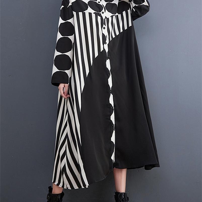Casual Dresses Patch Work Dot Women's Long Sleeve Loose Relaxed Retro Dress Fashion Elegant Clothing Spring/Summer 230407