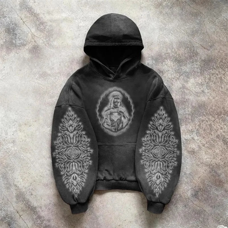 Geometric print oversized simple retro hoodies men y2k gothic punk hip-hop long-sleeved couple versatile baggy sweatshirt 250226