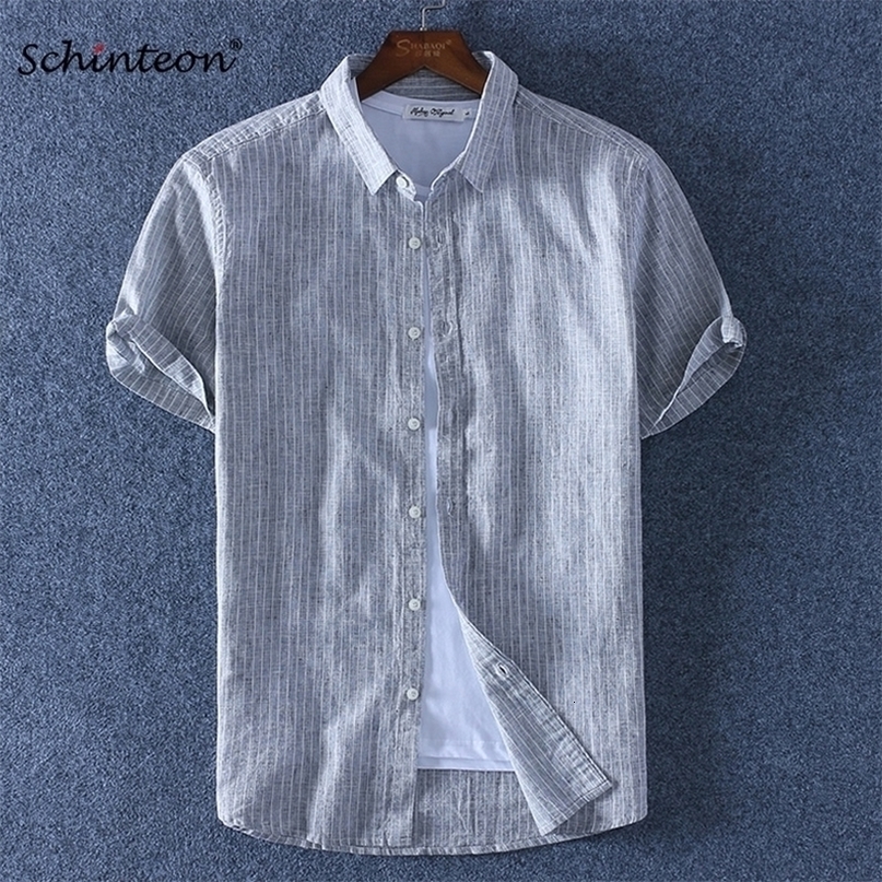 Schinteon Men Summer Cotton Linen Striped Shirt Slim Square Collar Comfortable Short Sleeve Shirts New Arrival