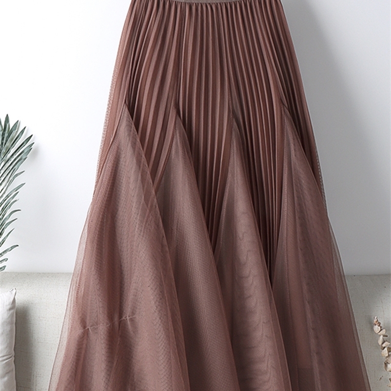 Casual Dresses TIGENA Fashion Patchwork Long Tutu Tulle Skirt Women Causal Solid A Line High Waist Pleated Maxi Mesh Skirt Female Ladies 230222