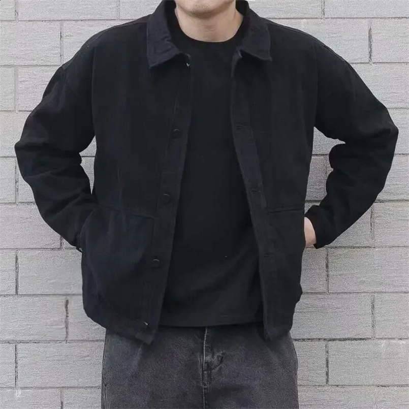 Vintage Japanese Style Denim Jacket For Men Casual Loose Fit Motorcycle Jacket Black Trendy Fashion Spring Autumn Season 240829