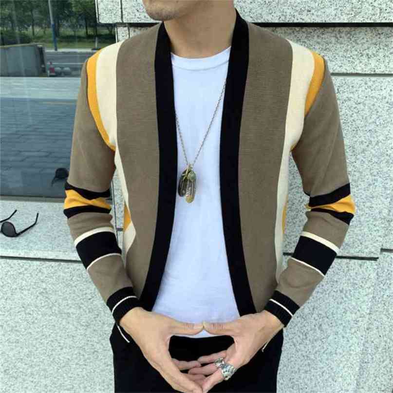 Splicing Contrast Sweater Coat Casual Men Sweatercoat Tricot Cardigan Knitted Sweater Casaco Masculino Hombre Cardigan Sweater 210818