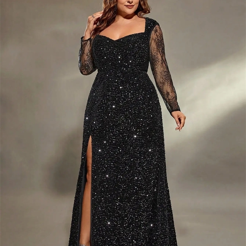 Mgiacy plus size Queen neckline lace long sleeve slim sequin slit fishtail Dress Evening gown Ball dress Party dress 240930