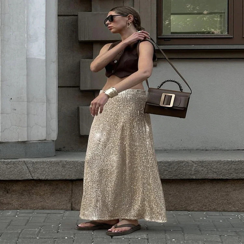 Tossy Sequin Female Sexy Maxi Skirt Summer Fashion Glitter High Waist Loose Elegant Club Long Sparkle Women 240516
