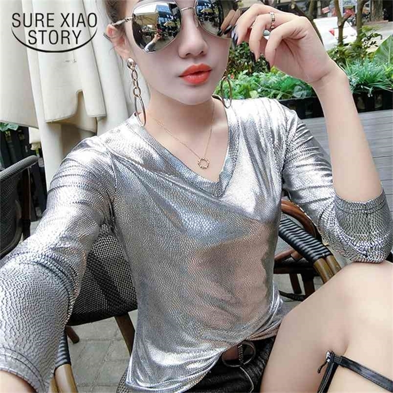 spring fashion women clothing long sleeved blouses solid casual slime shirts v-neck plus size female D415 30 210506