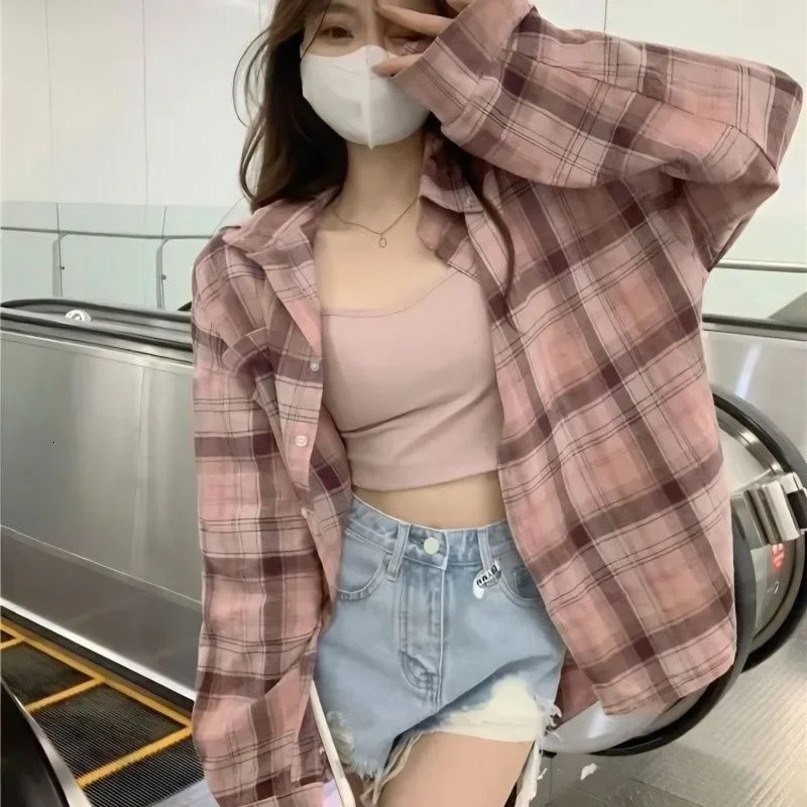 Womens Plaid Blouse Shirt Korean Fashion Long Sleeve Green Pink Tops Female Button Up Harajuku Basic Clothing 240328
