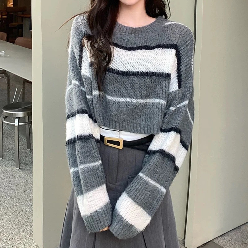 Striped Cropped Sweater Pullovers Women Long Sleeve Crewneck Knitted Jumper Teengirl Fall Winter Grunge Y2K Acubi Outfit 250922