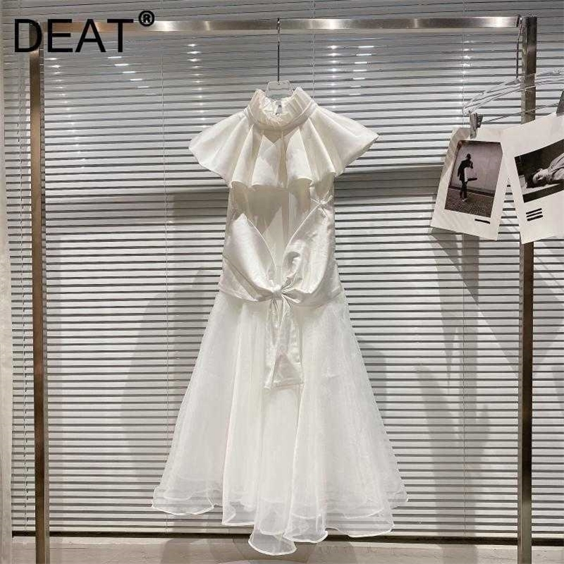 DEAT Women Ruffles Mesh Dress Stand Neck Sleeveless Arrivals Lady Sexy Temperament Fashion Spring Summer 11D1922 210709
