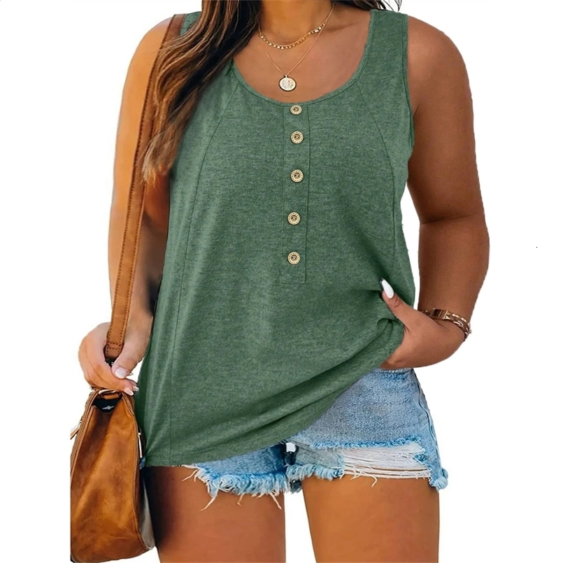 Plus Size Colored Cotton Casual U-neck Sleeveless Tank Top Solid Button Tank Top 240814