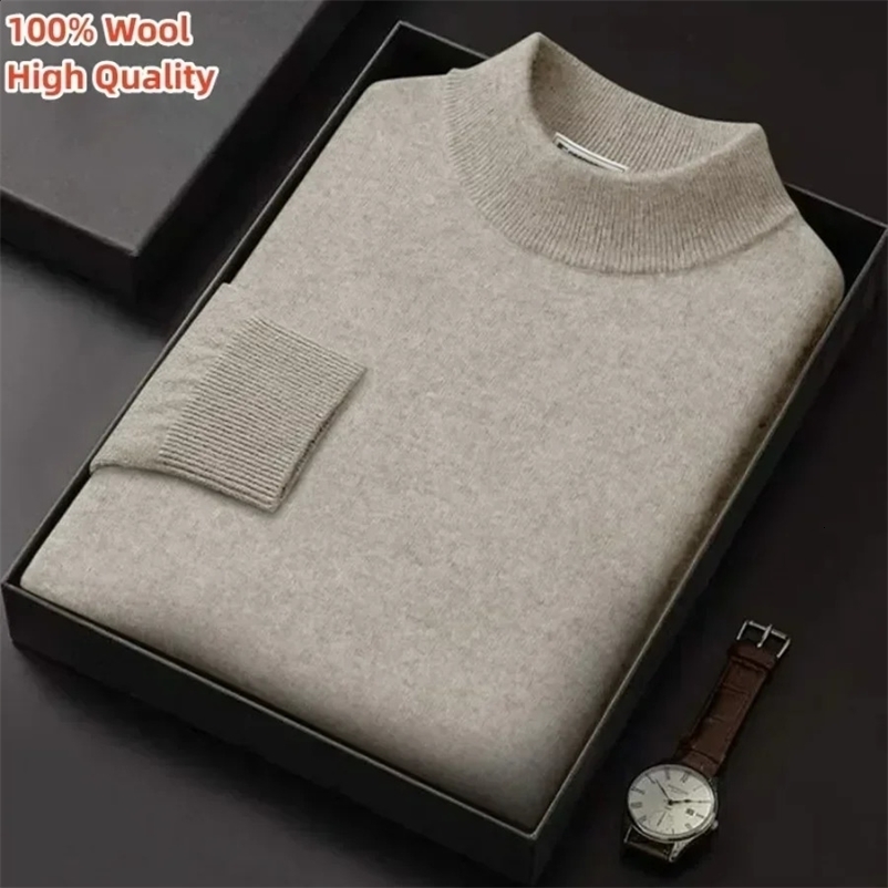 Men's Sweaters Men's Mock Collar 100% Pure Woolen Sweater Tops Autumn Winter Cashmere Sweater Men Pullover Knitted Warm Sweater Male 23121
