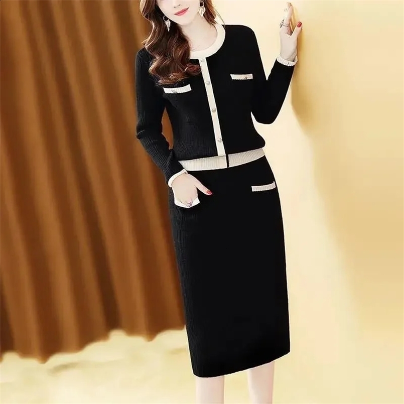 Autumn/winter Knitted Womens Fashion Set 2-piece Suit Elegant Base Layer Top Korean Style Versatile Dress 240829