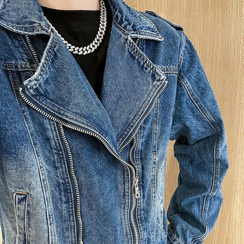 Washing Denim Jacket Metal Zipper n Sensible Top Autumn Vintage Distressed Trendy Casual Cropped Jacket 250917Z
