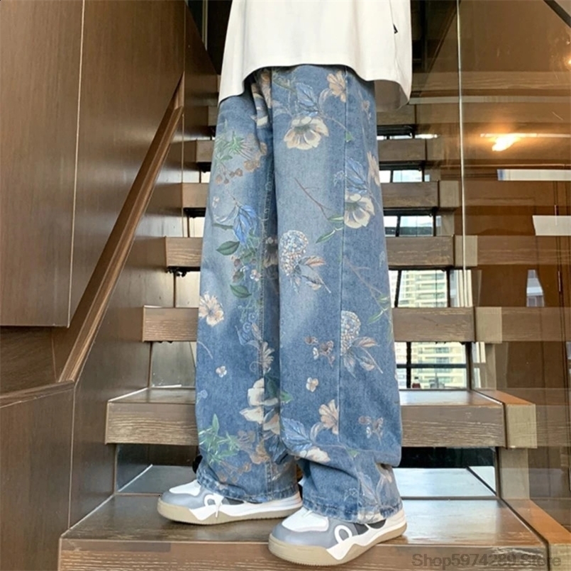 Mens Fashion Floral Printed Jeans Korean Style Autumn Denim Pants High Street Loose Trousers Hip Hop Wide-leg Jean Pants 240829