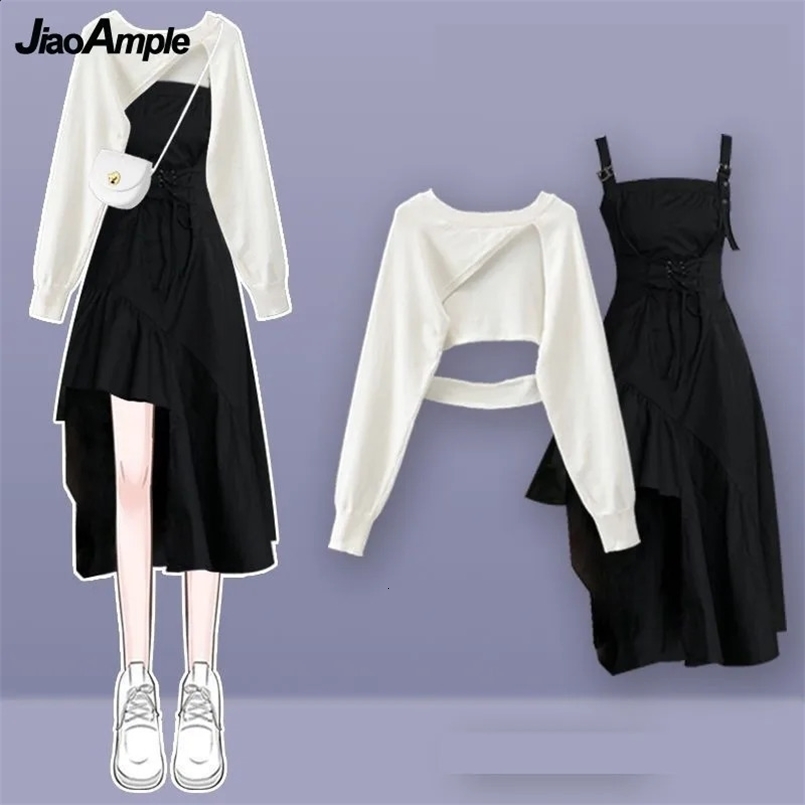 Womens fashion cut-out sweatersuspender Skirt two-piece set Korean Elegant in Matching Set Spring Summer Dress Suit 240829