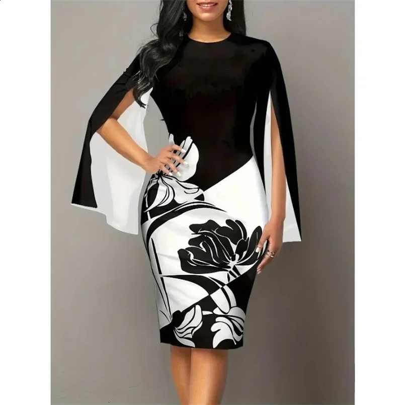 Womens Plus Size 1XL-5XL Elegant Dress Ladies Fashion Floral Print Round Neck Split Sleeve Bodycon Midi Dress 240813