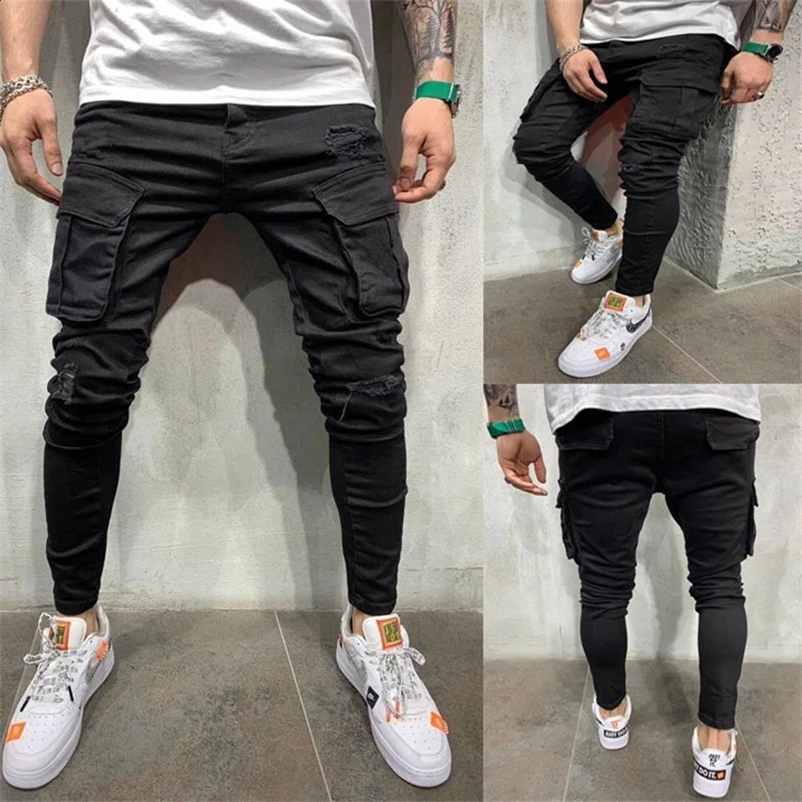 Mens Wash Solid Color Multiple Pockets Holes Mid Waist Cargo Pants Trousers Slim Fit Daily Wear Joggers Street Elastic Jeans 250226
