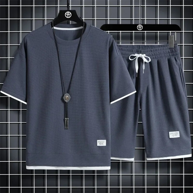 Summer Mens Sports Set Casual T-Shirt And Shorts Set Male Sports Suit Solid Color Tracksuit Loose Suits Size 3XL 240513