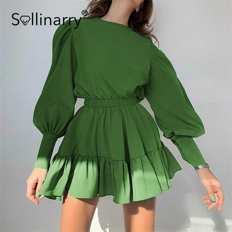 Sollinarry Elegant A-line elastic waist lantern sleeves women dress green Ruffled solid mini dress Female college style vestidos 210709